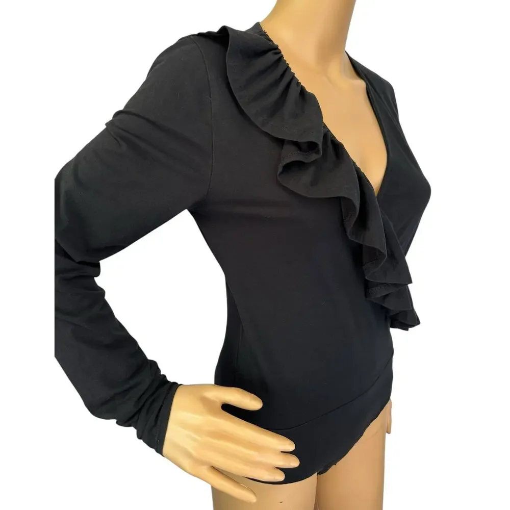 J. Crew Ruffle-Front Wrap Bodysuit Black H3685 Size S